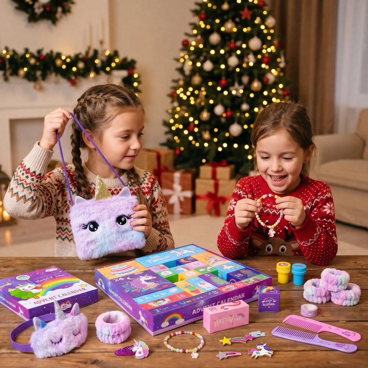 Zwei Mädchen in Weihnachtspullovern packen am Tisch vor dem Weihnachtsbaum Einhorn-Geschenke aus, darunter eine Plüschtasche 1