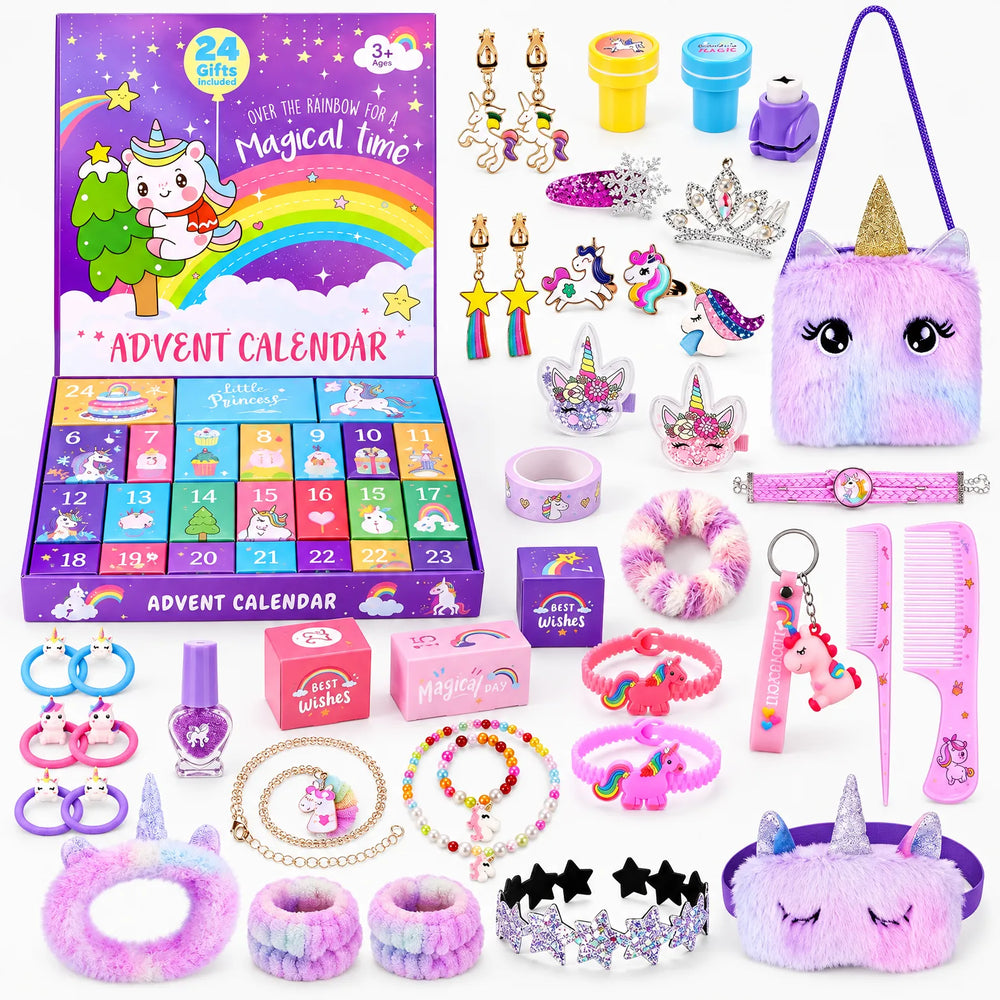 Geöffneter lila Kalender mit nummerierten Fächern, umgeben von allen enthaltenen Einhorn-Accessoires wie Schmuck 2