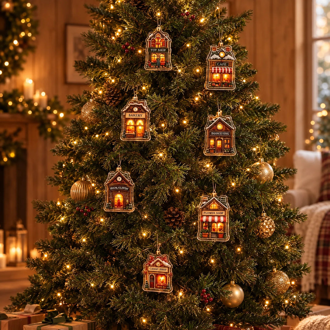 Sieben kleine Häuschen-Anhänger mit beleuchteten Fenstern hängen an einem festlich geschmückten, hell erleuchteten Weihnachtsbaum in einem gemütlichen Wohnzimme 1