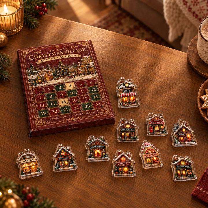 Adventskalender-Schachtel liegt auf einem Holztisch, davor verteilt einige transparente Häuschen-Anhänger, daneben Kerze, Tannenzweige, Kakaotasse und Lebkuchen 3