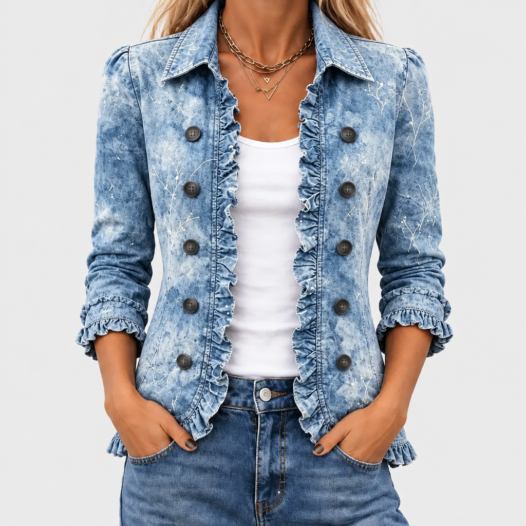 Nahaufnahme der Vorderseite: blaue Jacke mit Rüschenkanten und zweireihiger Knopfleiste, getragen zu weißem Top und Jeans 1