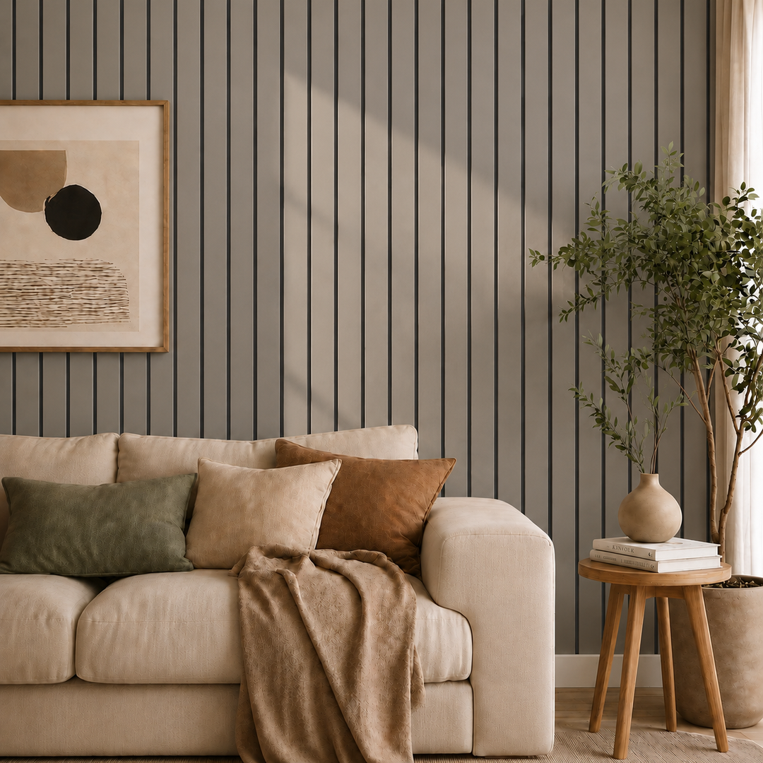 Grau-braune Lamellenwand im Wohnzimmer neben beigem Sofa, Bild, Zimmerpflanze und Holzhocker 25