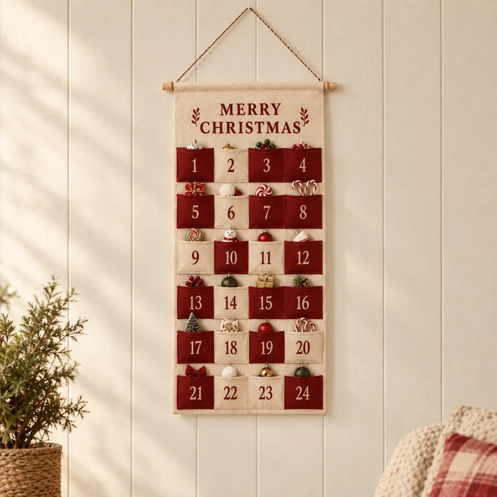 Adventskalender aus Stoff mit 24 roten und beigen Taschen, an einer hellen Holzwand aufgehängt, daneben Zweige im Korb und ein Kissen. 1