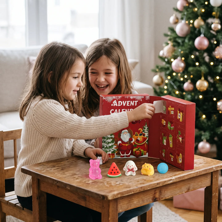 Zwei lachende Mädchen öffnen am Holztisch vor dem Weihnachtsbaum Türchen des roten Kalenders, davor liegen bunte 1