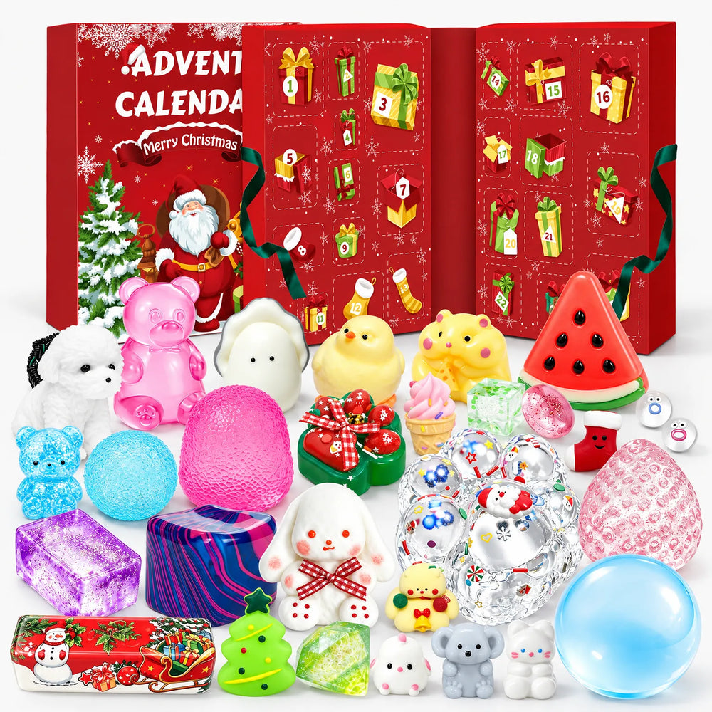 Roter Kalender mit nummerierten Türchen, davor ausgebreitet viele bunte Fidget-Figuren wie Bär, Wassermelone, Hase und 2