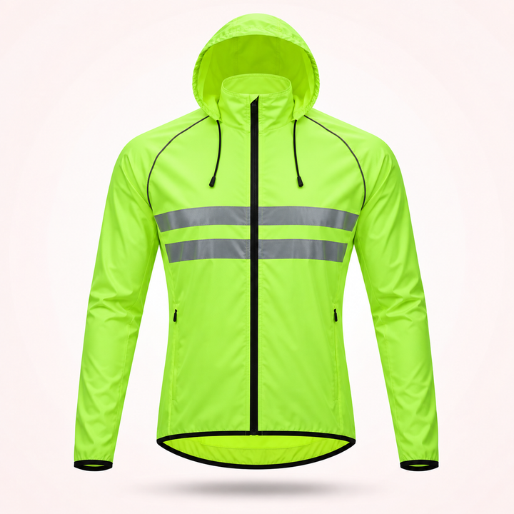 Neongelb-grüne Radjacke mit Kapuze, schwarzem Kordelzug, Seitentaschen und zwei grauen Reflexstreifen auf der Brust, Vorderansicht. 19