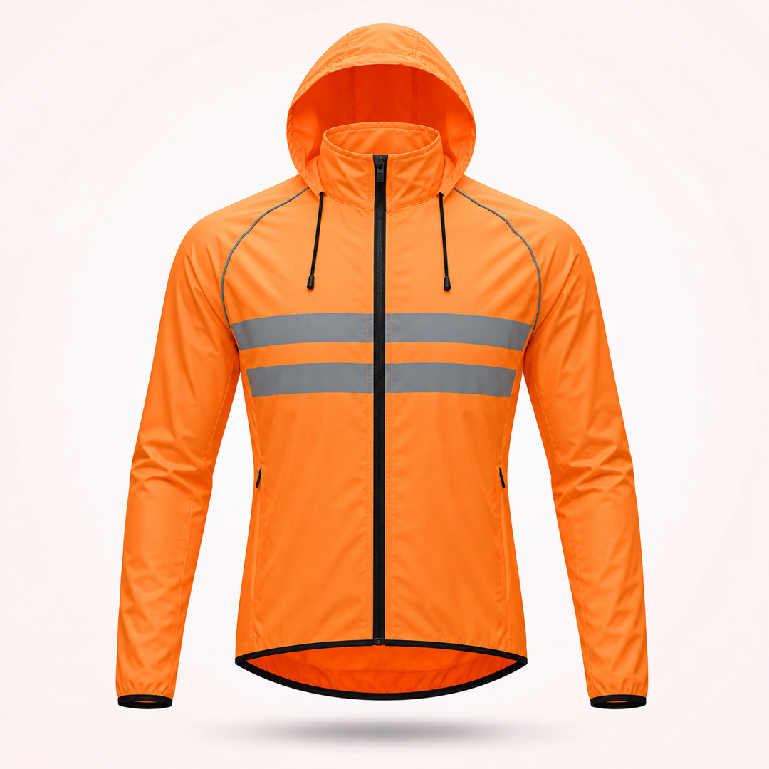 Orangefarbene Radjacke mit Kapuze, schwarzem Kordelzug, Seitentaschen und zwei grauen Reflexstreifen auf der Brust, Vorderansicht. 20