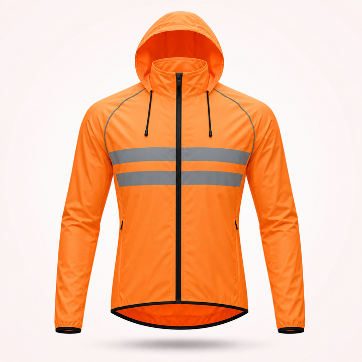 Orangefarbene Radjacke mit Kapuze, schwarzem Kordelzug, Seitentaschen und zwei grauen Reflexstreifen auf der Brust, Vorderansicht. 20
