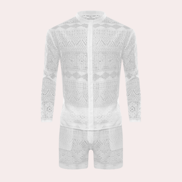 Weißer Häkel-Shortsanzug für Herren, langärmlig, Sommermode, atmungsaktiv, elegant.