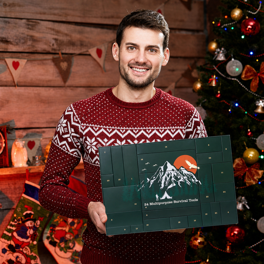 Lächelnder Mann im roten Strickpullover hält den grünen Adventskalender vor einem Weihnachtsbaum 9