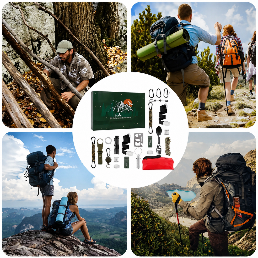 Kalender mit einzelnen Ausrüstungsteilen in der Mitte, umgeben von vier Fotos wandernder Rucksacktouristen 8