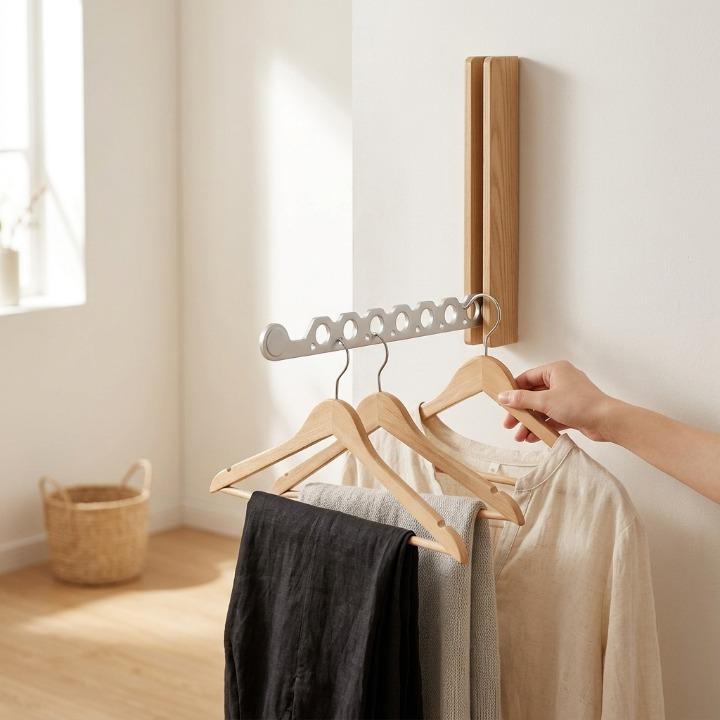 Helle Holzhalterung mit ausgeklapptem silbernem Arm, an dem drei Holzbügel mit Kleidung hängen; eine Hand greift einen Bügel. 3