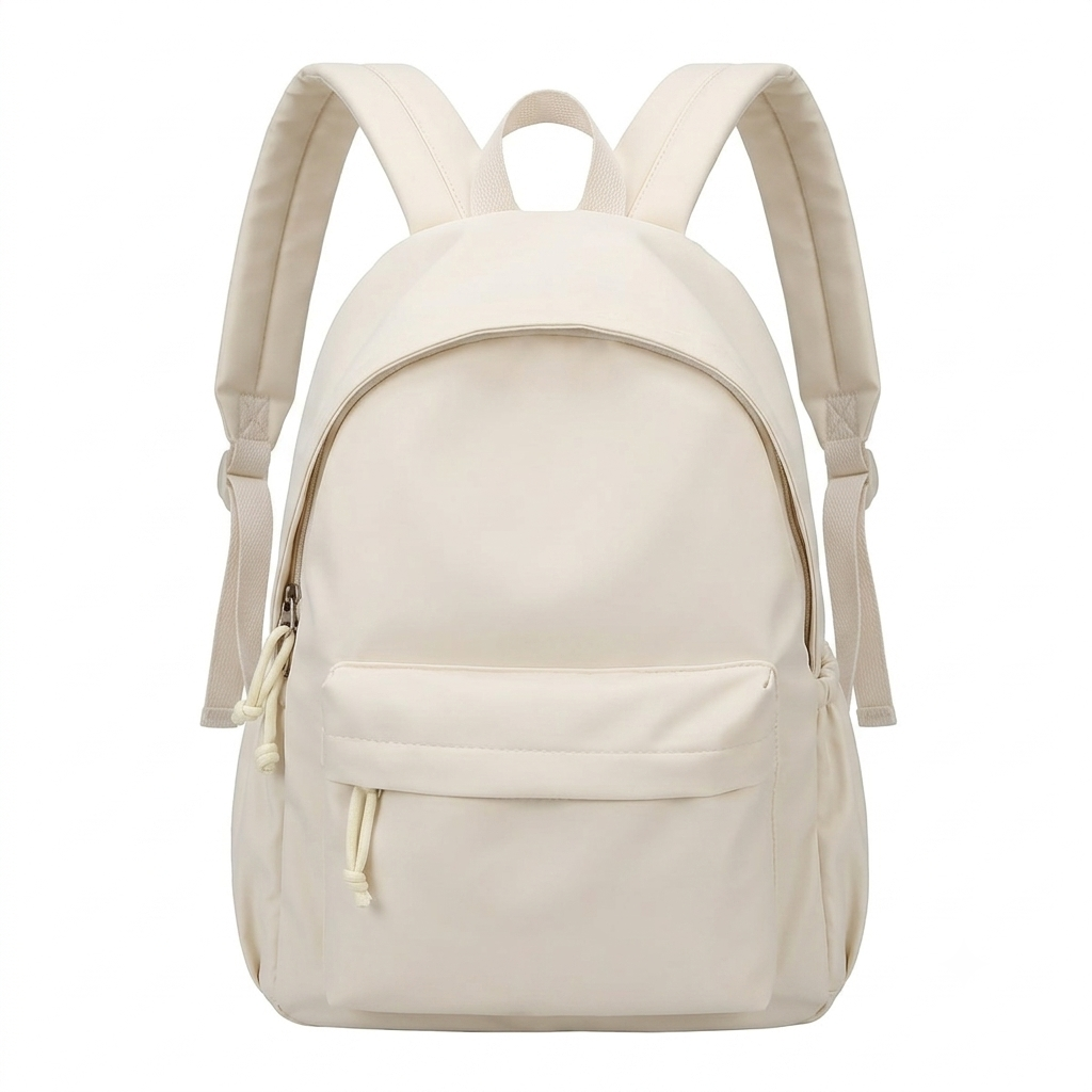 Rucksack in Creme-Beige von vorn, mit Vortasche, Zugbändern am Reißverschluss und breiten Schultergurten mit Verstellschnallen. 5