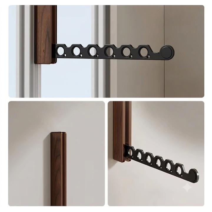 Collage mit drei Detailansichten: ausgeklappter schwarzer Arm am Fenster, eingeklappte Holzleiste und schräg ausgeklappter Arm von der Seite. 8