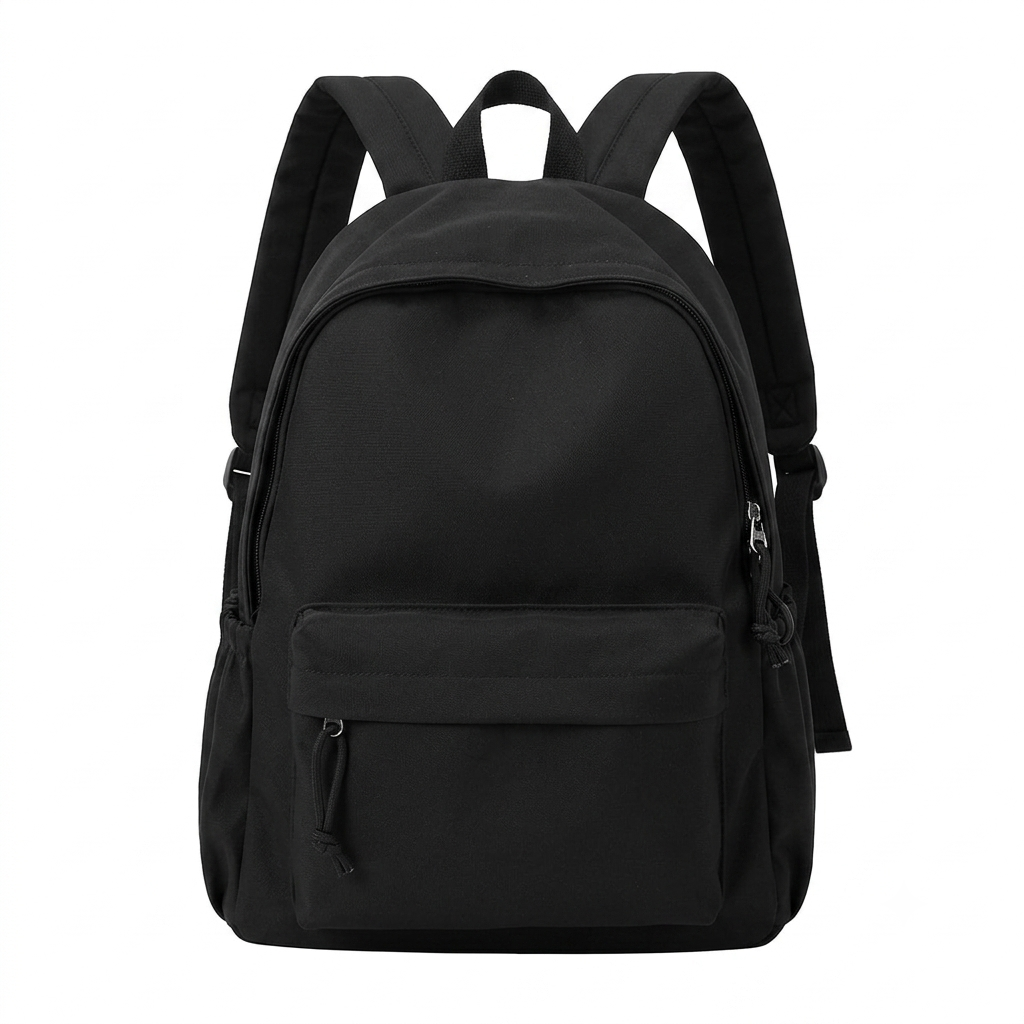 Schwarzer Rucksack von vorn auf weißem Hintergrund, mit Vortasche, Seitentaschen aus Gummizug und verstellbaren Schultergurten. 4