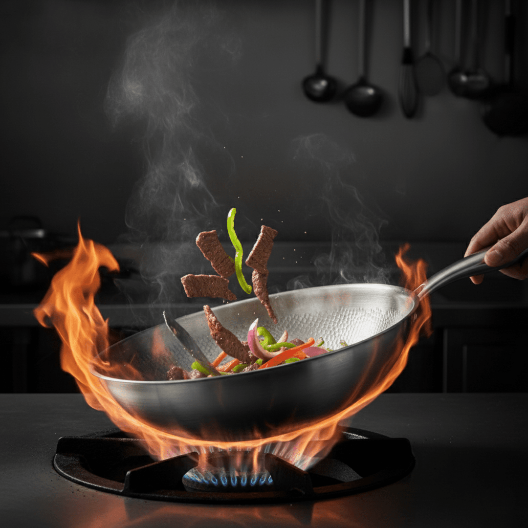 Wok über offener Gasflamme, in dem Rindfleischstreifen und buntes Gemüse beim Schwenken in die Luft fliegen. 5