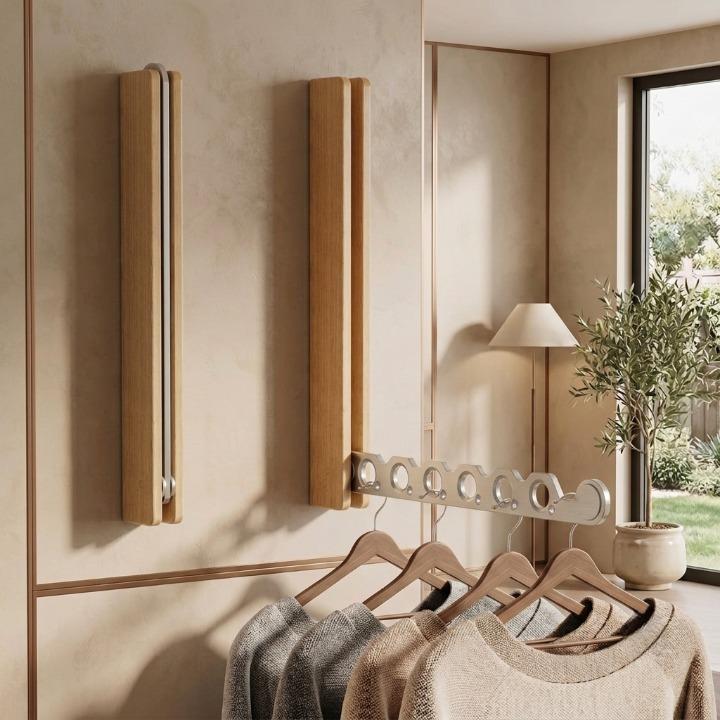 Zwei helle Holzhalterungen an der Wand, links eingeklappt, rechts ausgeklappt mit silbernem Arm und vier Bügeln mit Pullovern. 4