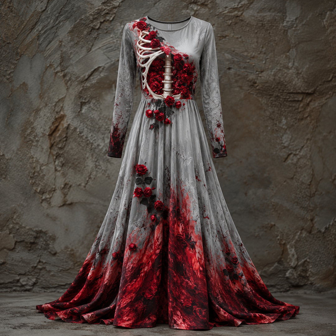 Graues Maxikleid mit Rippenbogen-Motiv, roten Rosen und blutroten Farbverläufen am weit ausgestellten Rock, vor einer rauen Steinwand. 1