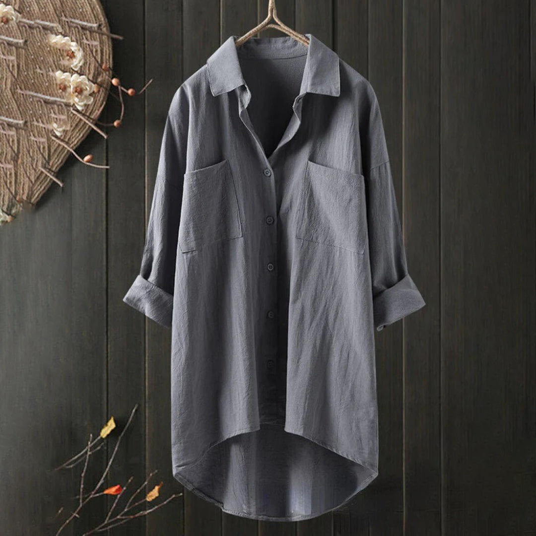 Blusa femenina ligera con mangas largas y bolsillos delanteros – Selene