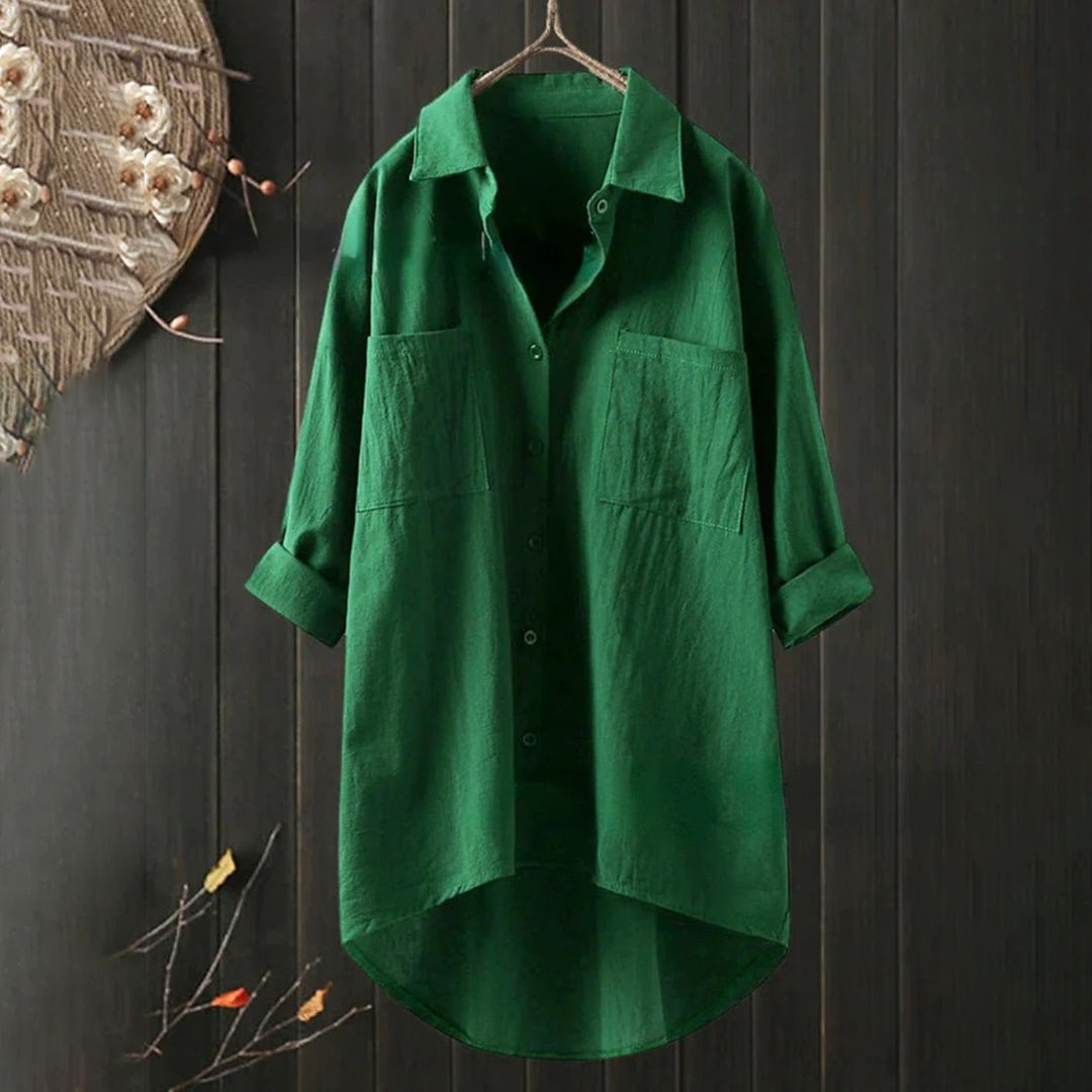 Blusa femenina ligera con mangas largas y bolsillos delanteros – Selene
