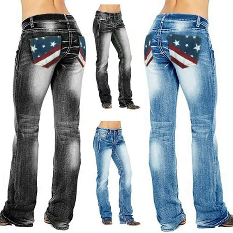 Jeans de corte bota para mujer con detalles de banderas – Madison