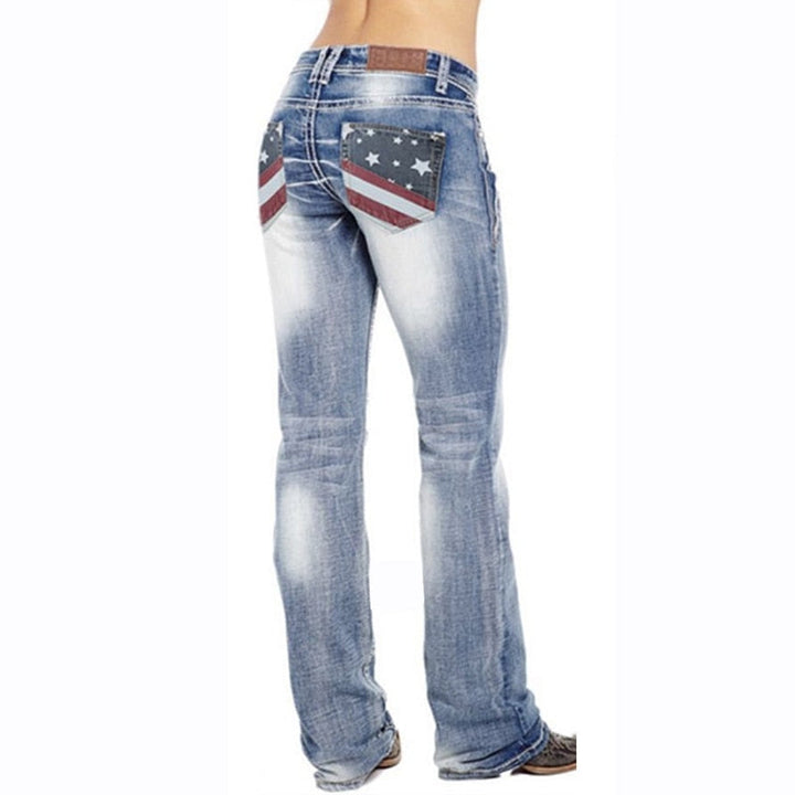 Jeans de corte bota para mujer con detalles de banderas – Madison