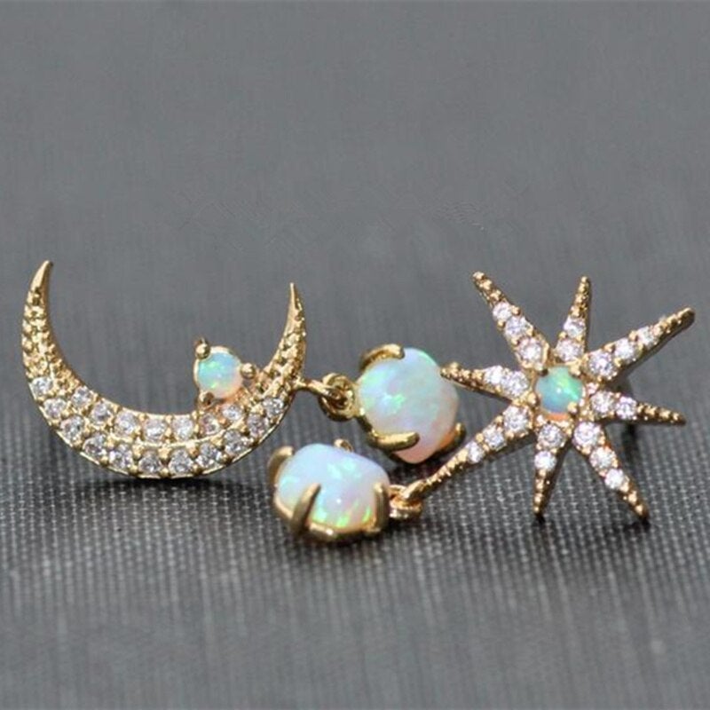 Golden Moon and Star Earrings with Opal – Aurora