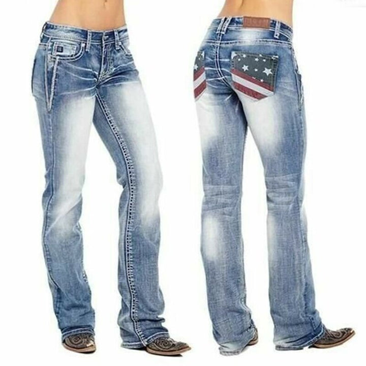 Jeans de corte bota para mujer con detalles de banderas – Madison