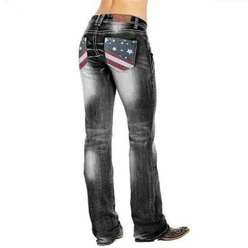 Jeans de corte bota para mujer con detalles de banderas – Madison