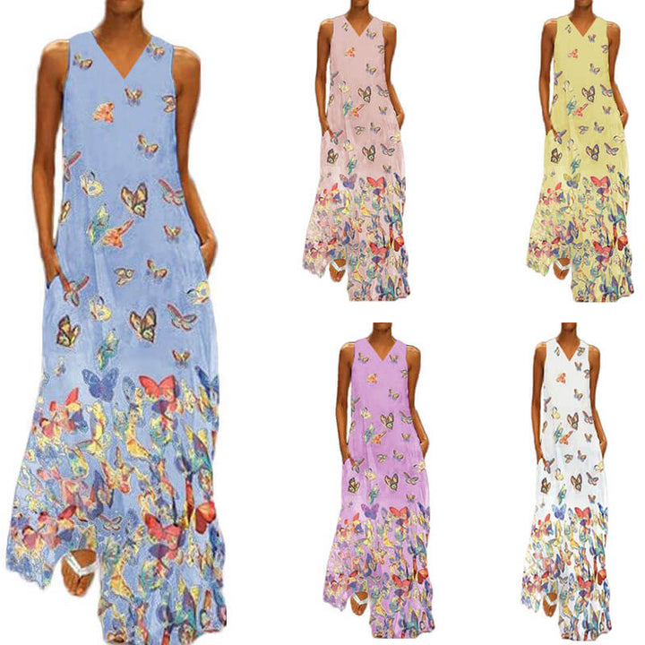 Trendy ærmeløs maxi-sommerkjole med sommerfuglemønster – Malia