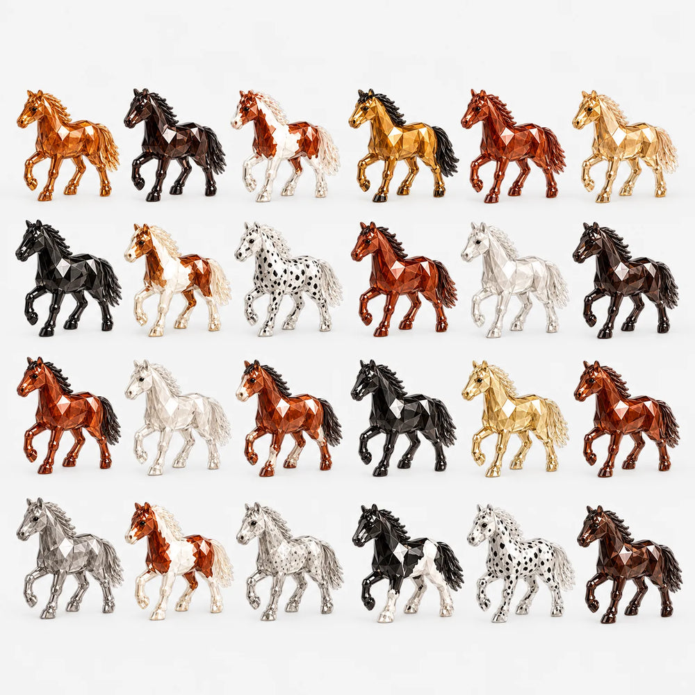 Vierundzwanzig facettierte Pferdefiguren in Braun-, Schwarz-, Weiß-, Gold-, Silber- und Tupfenfellen in vier Reihen auf hellem Hintergrund. 2