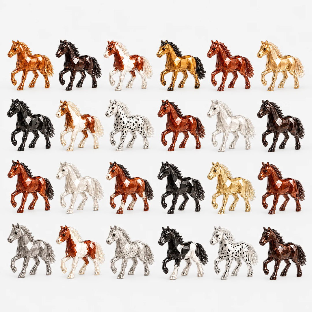 Vierundzwanzig facettierte Pferdefiguren in Braun-, Schwarz-, Weiß-, Gold-, Silber- und Tupfenfellen in vier Reihen auf hellem Hintergrund. 2