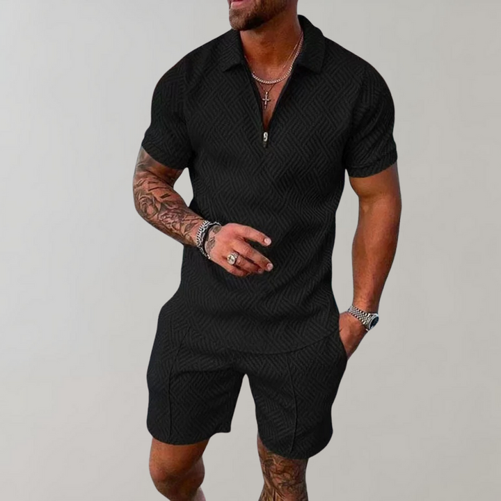 Schwarzer Herren-Zweiteiler, kurzärmelig, mit geometrischem Muster, ideal für Sommermode.