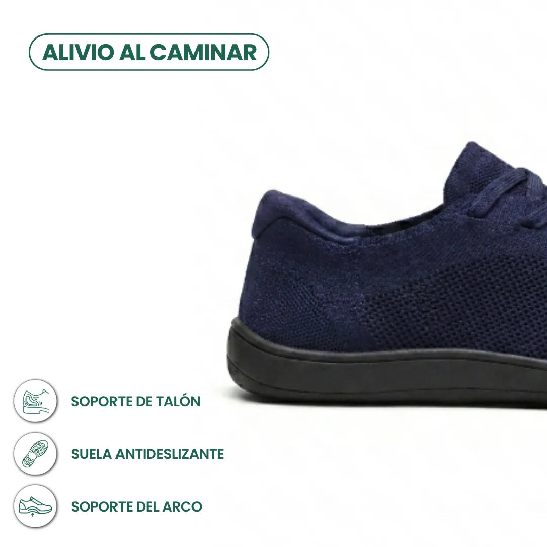 Seitliche Detailansicht der Ferse eines marineblauen Mesh-Sneakers mit schwarzer Sohle, ergänzt durch Symbole zu Fersenhalt, rutschfester Sohle und Fußgewölbe. 22