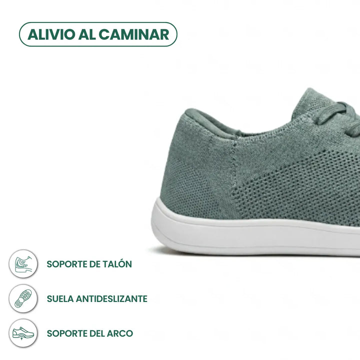 Seitliche Detailansicht der Ferse eines graugrünen Mesh-Sneakers mit weißer Sohle, ergänzt durch Symbole zu Fersenhalt, rutschfester Sohle und Fußgewölbe. 31
