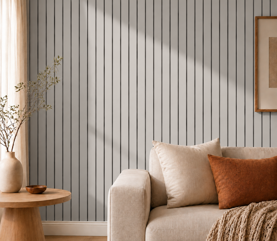 Graue Lamellenwand im Streiflicht neben Sofa mit Kissen, Beistelltisch und Vase 16