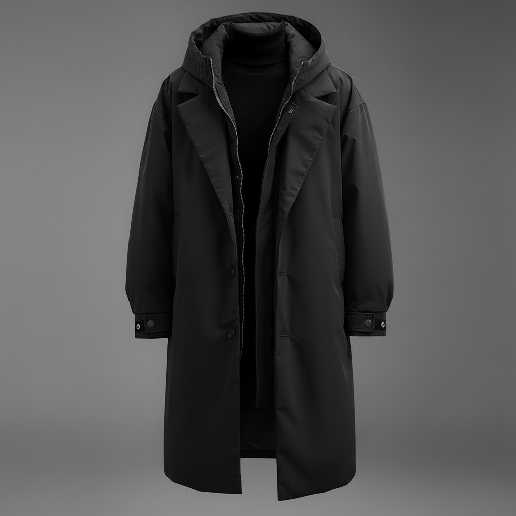 Schwarze Variante des langen Kapuzenmantels, offen von vorn fotografiert, mit schwarzem Rollkragenpullover auf grauem Hintergrund 2
