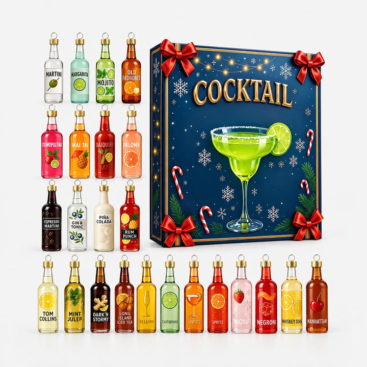 Alle 24 Miniatur-Flaschen in verschiedenen Farben ordentlich in Reihen neben der blauen Geschenkbox mit roten Schleifen und Cocktailglas. 2