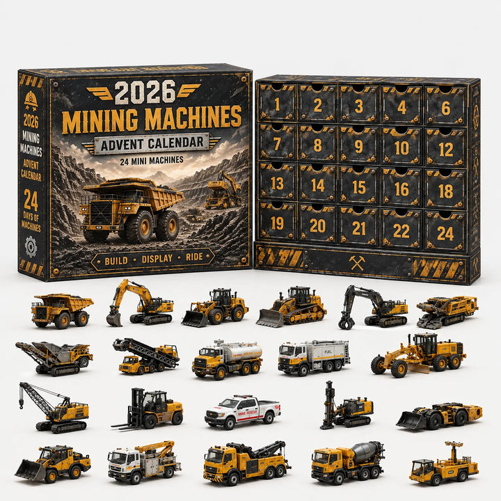 Schwarz-gelbe Kalenderbox mit Muldenkipper-Motiv, daneben Schubladen im Used-Look und 22 gelbe Miniatur-Bergbaumaschinen und Spezialfahrzeuge. 8