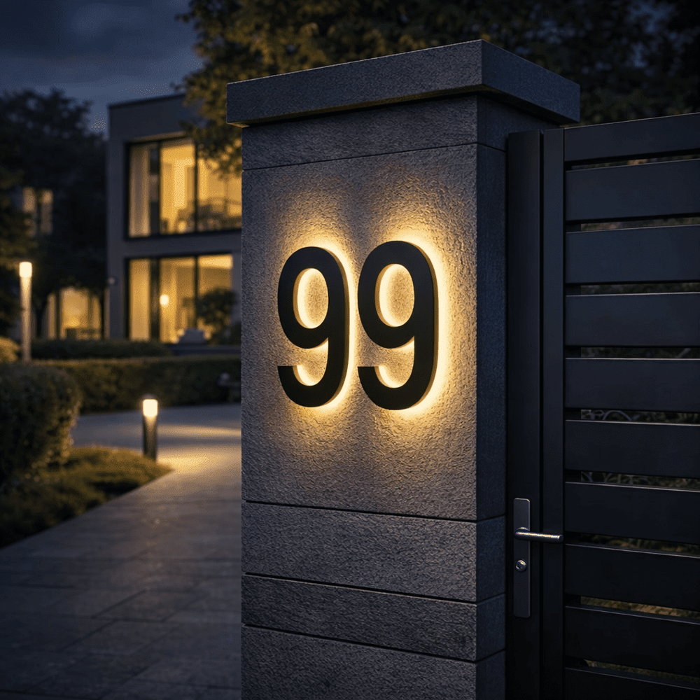 Schwarze, hinterleuchtete Doppelziffer an einem Steinpfeiler am Abend, daneben Lamellentor, beleuchteter Gartenweg und modernes Wohnhaus im Hintergrund. 2
