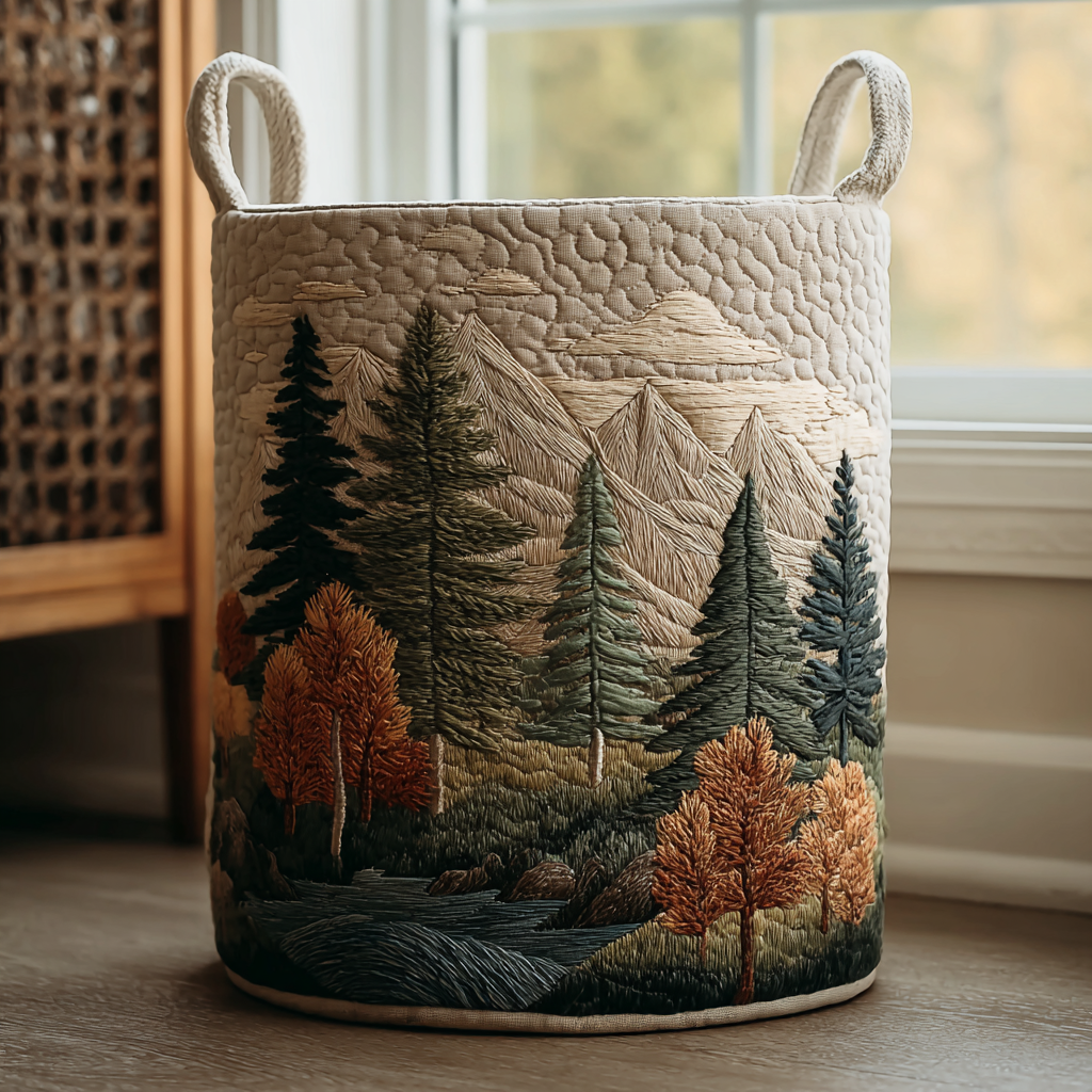Runder, gesteppter Wäschekorb in Beige mit zwei Tragegriffen und aufgesticktem Waldmotiv aus Tannen, Herbstbäumen, Bergen und Fluss. 1