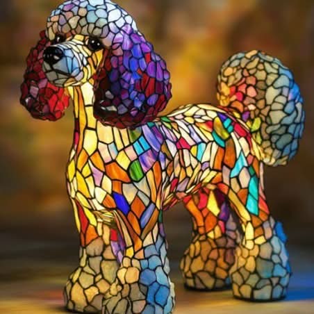 Stehende Pudel-Figur mit violetten und roten Ohren sowie kleinteiligem, bunt leuchtendem Mosaik, goldener Hintergrund. 19
