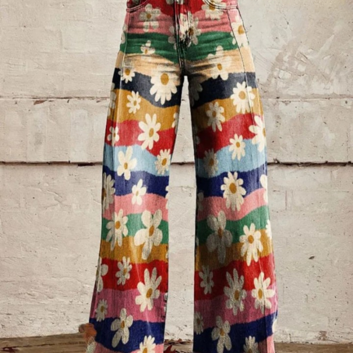 Trendy Retro Flared Pants with High Waist and Floral Pattern – Mirella