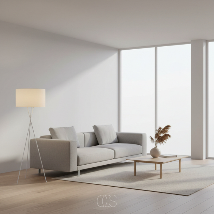 Weiße Stehlampe mit hellem Schirm neben grauem Sofa in einem hellen Raum mit Holzboden 6