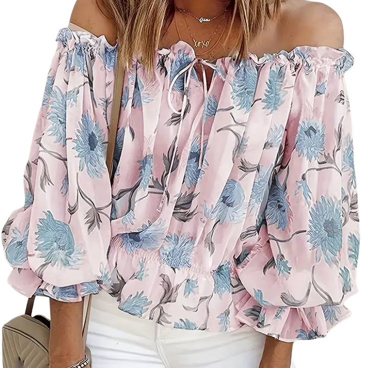 Off-shoulder bluse med blomster og flæser – Fayenne