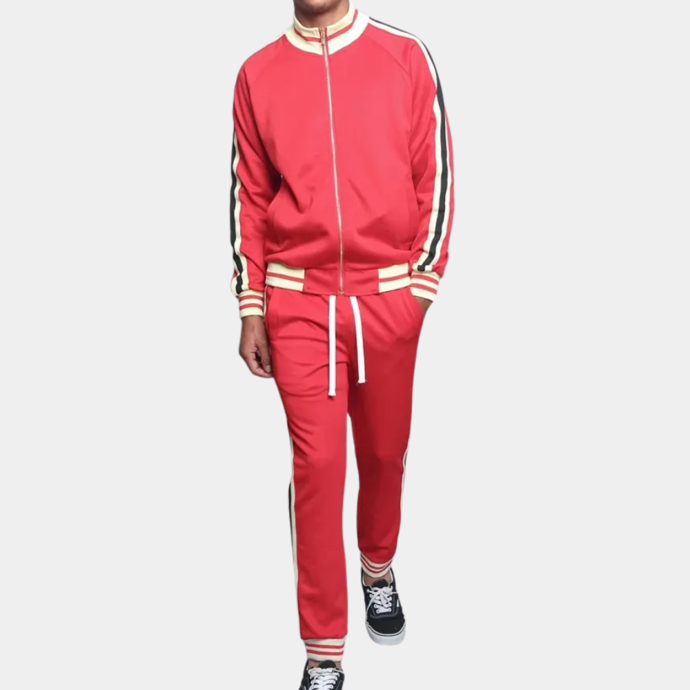 Roter Trainingsanzug mit Streifen, Herrenmode, Sportbekleidung, Freizeitanzug, Reißverschluss.