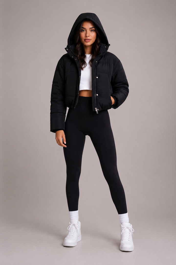 Ganzkörperansicht von vorn mit aufgesetzter Kapuze, eine Hand in der Jackentasche, dazu schwarze Leggings und weiße Sneaker. 3