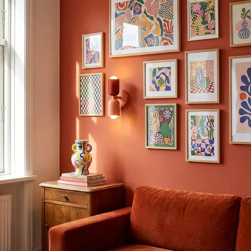 Wandlampe mit dunkelrotem oberem und lachsfarbenem unterem Schirm an einer orangefarbenen Wand zwischen bunten Bilderrahmen über einem Sofa. 5