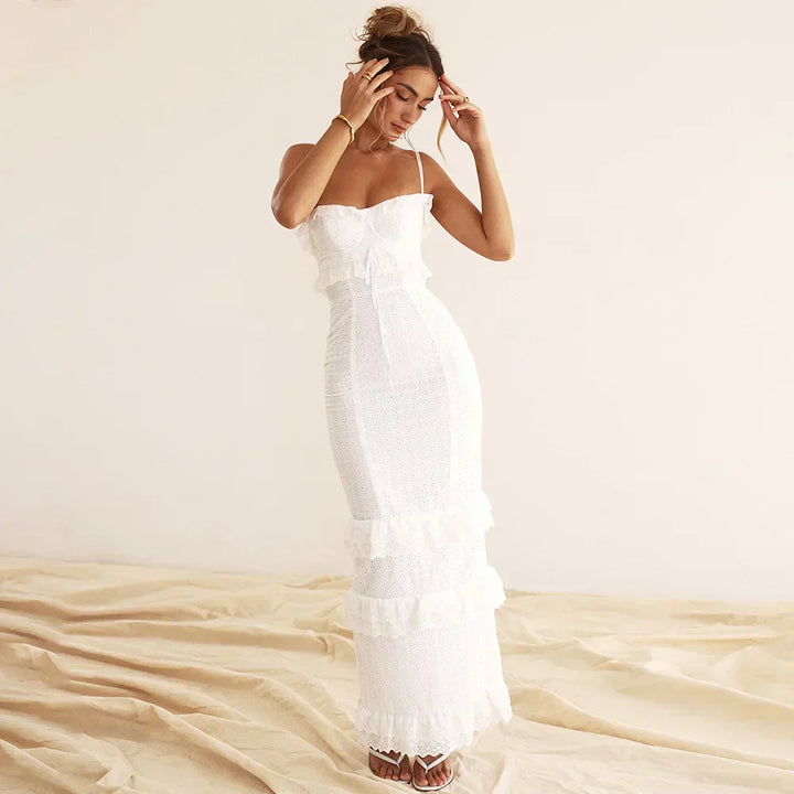 Stylish Embroidered Camisole Maxi Dress in White – Alina
