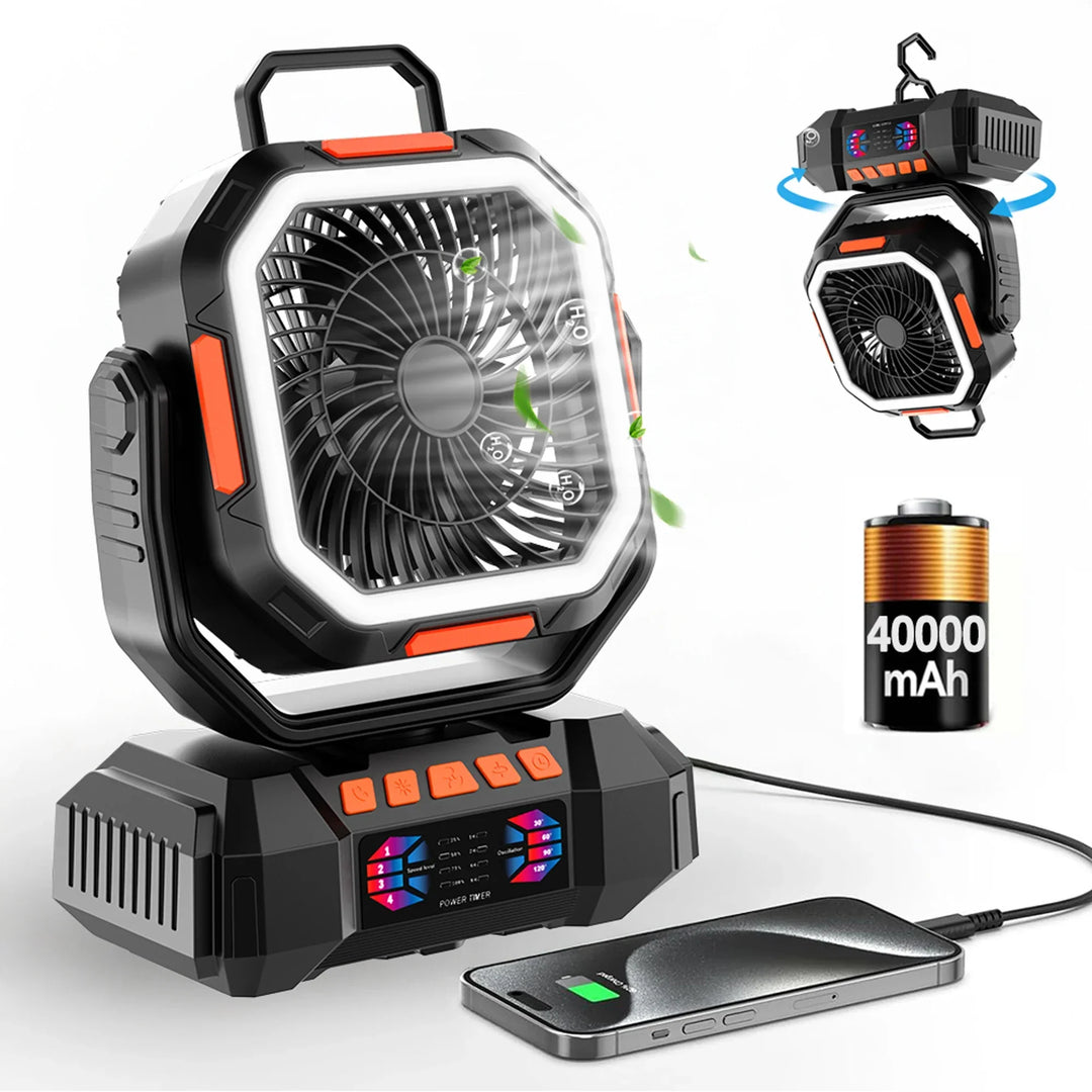 Genopladelig campingventilator med 40000mAh batteri og LED-lampe – F22